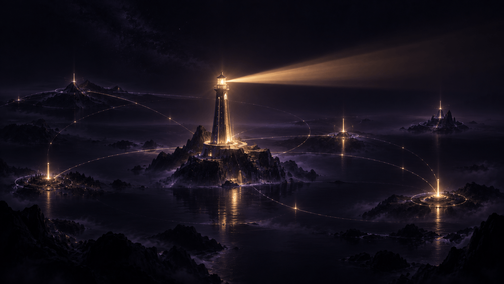 A connected landscape centered on a lighthouse beacon with distant linked signal points.
